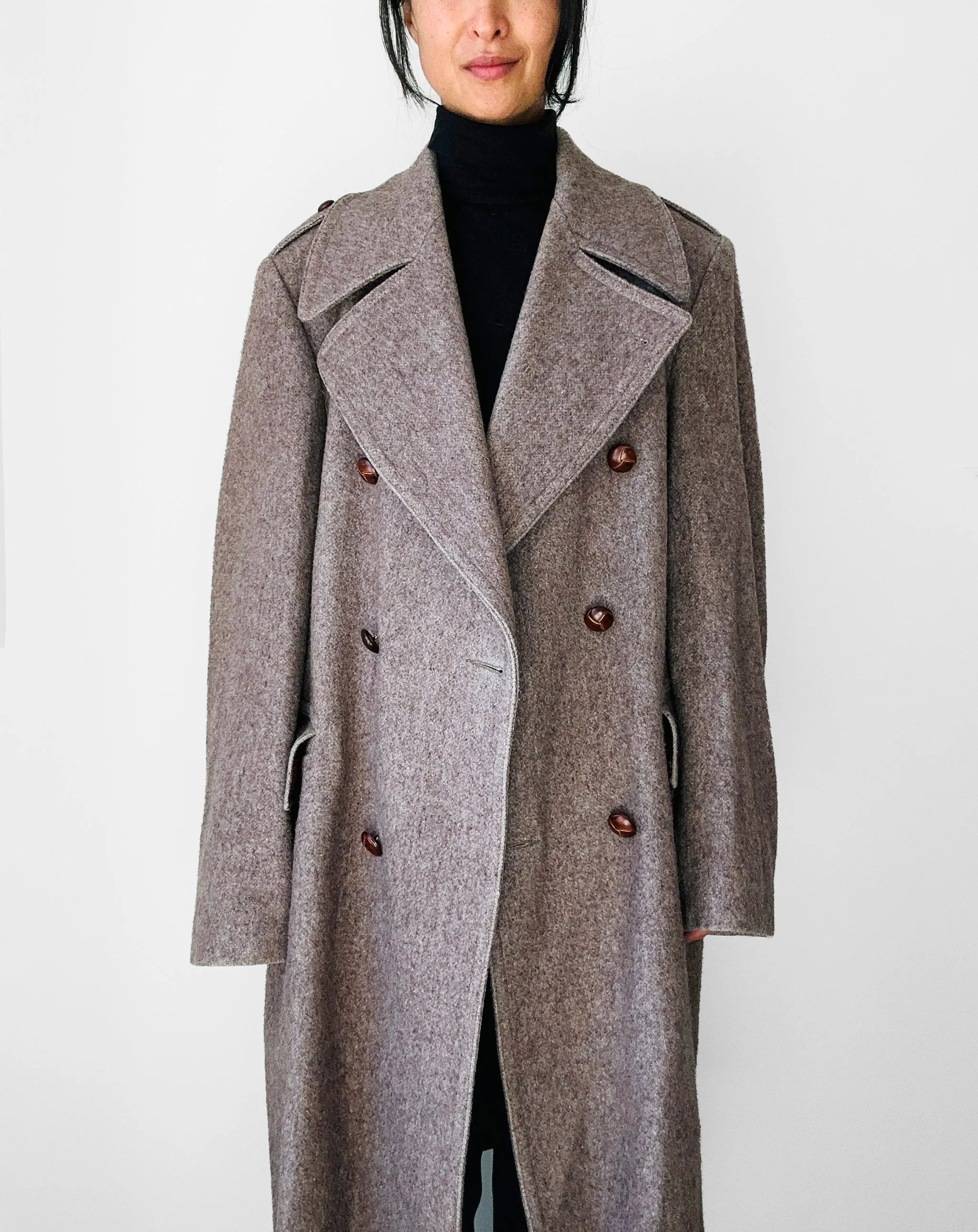 1950s - 1960s Taupe Heavy Leather Button Belted Wool Trench Overcoat