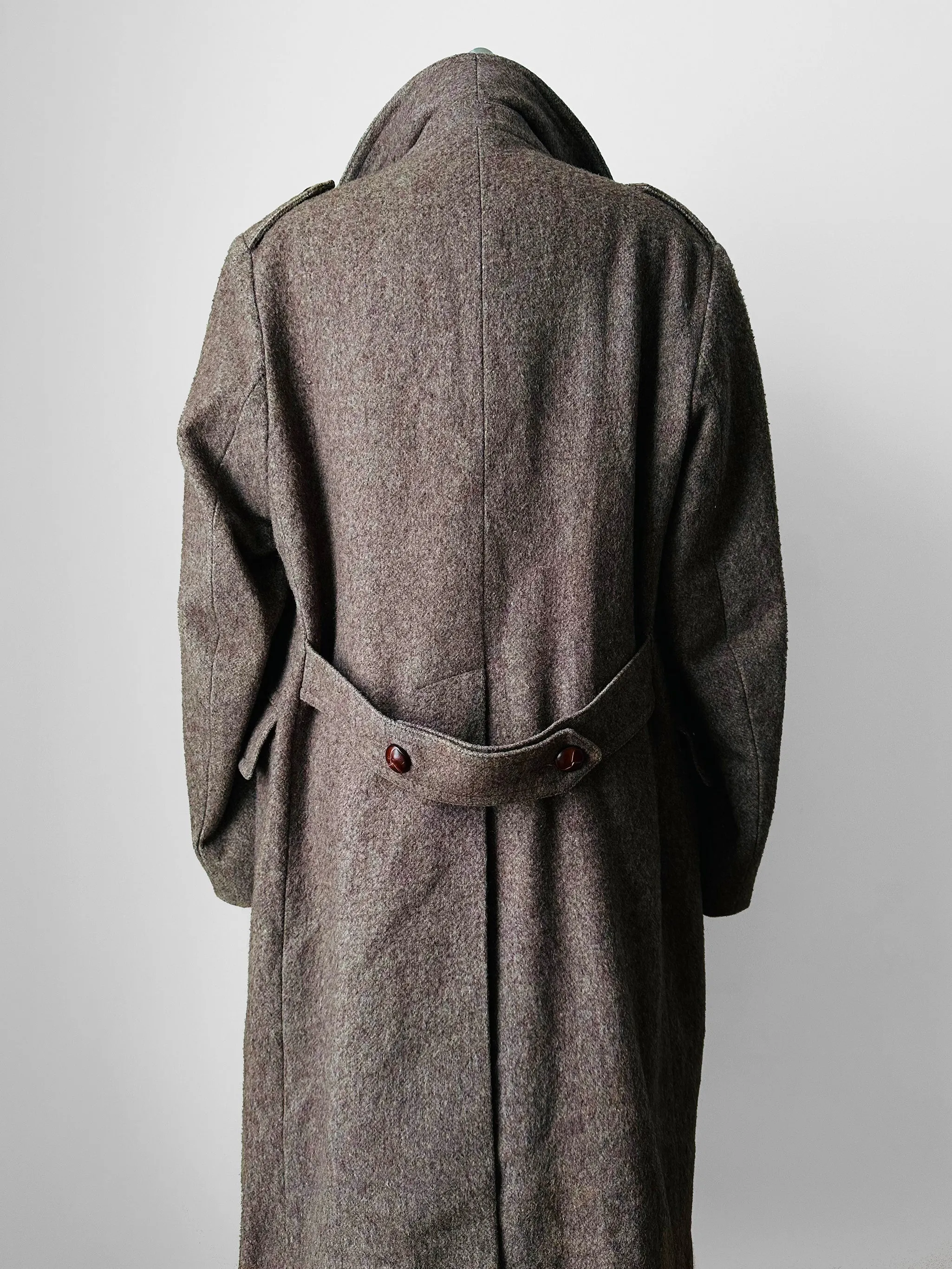 1950s - 1960s Taupe Heavy Leather Button Belted Wool Trench Overcoat