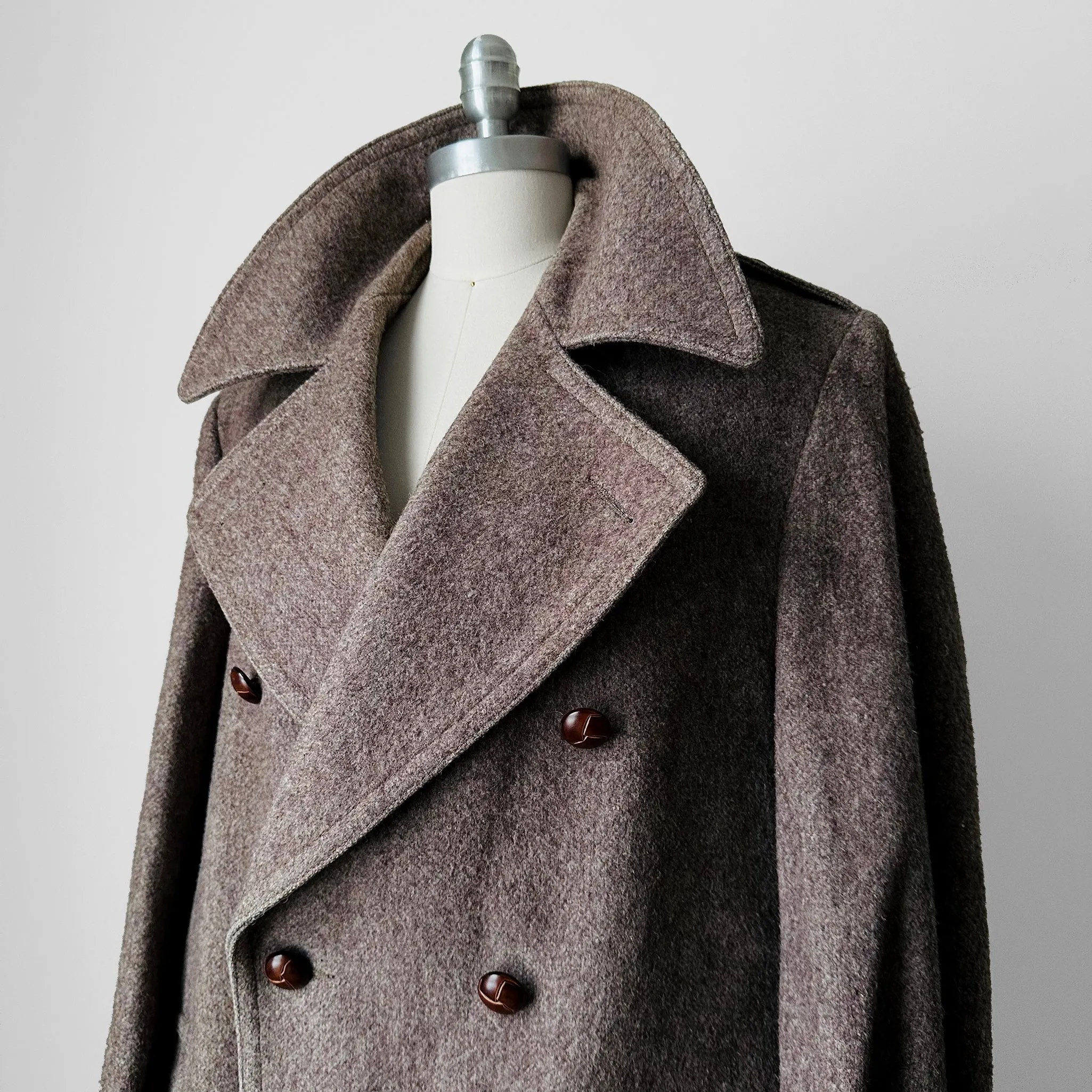 1950s - 1960s Taupe Heavy Leather Button Belted Wool Trench Overcoat