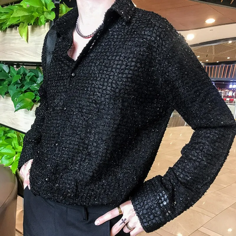 Aidase Vintage Fashion Black White Dress Shirt Man Shirt Men's Hollow Mesh Lace Long Sleeve Loose Casual Shirts Male Streetwear