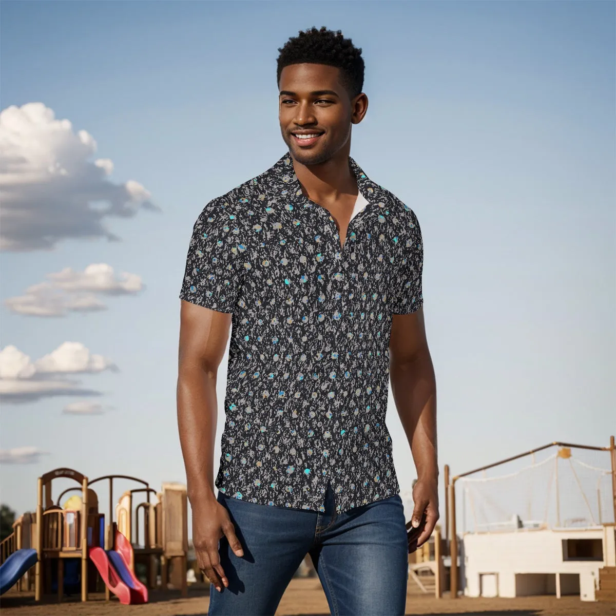 All-Over Print Men's Shirt J 54 teal, and black print