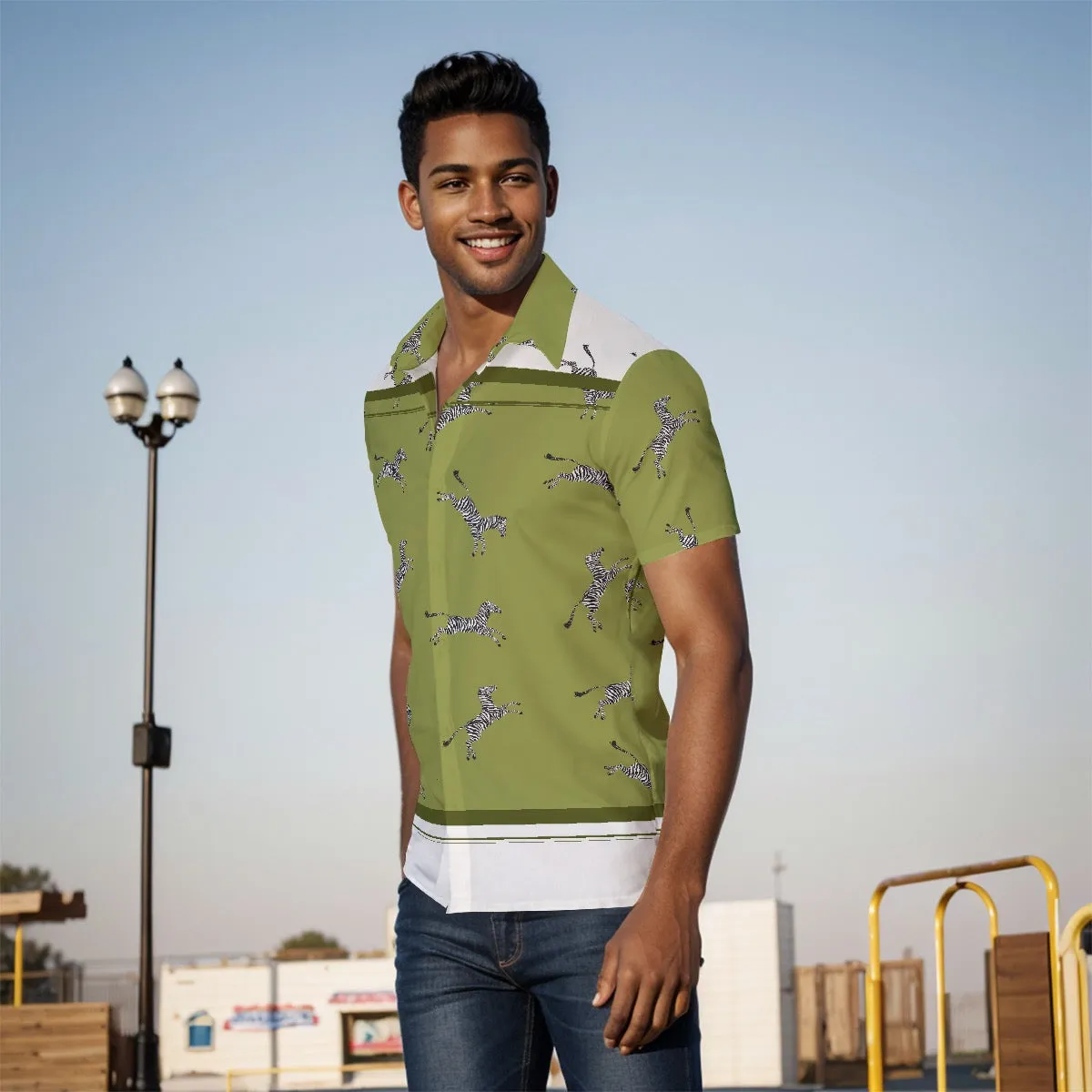 All-Over Print Men's Shirt J 62 green, and white zebra print