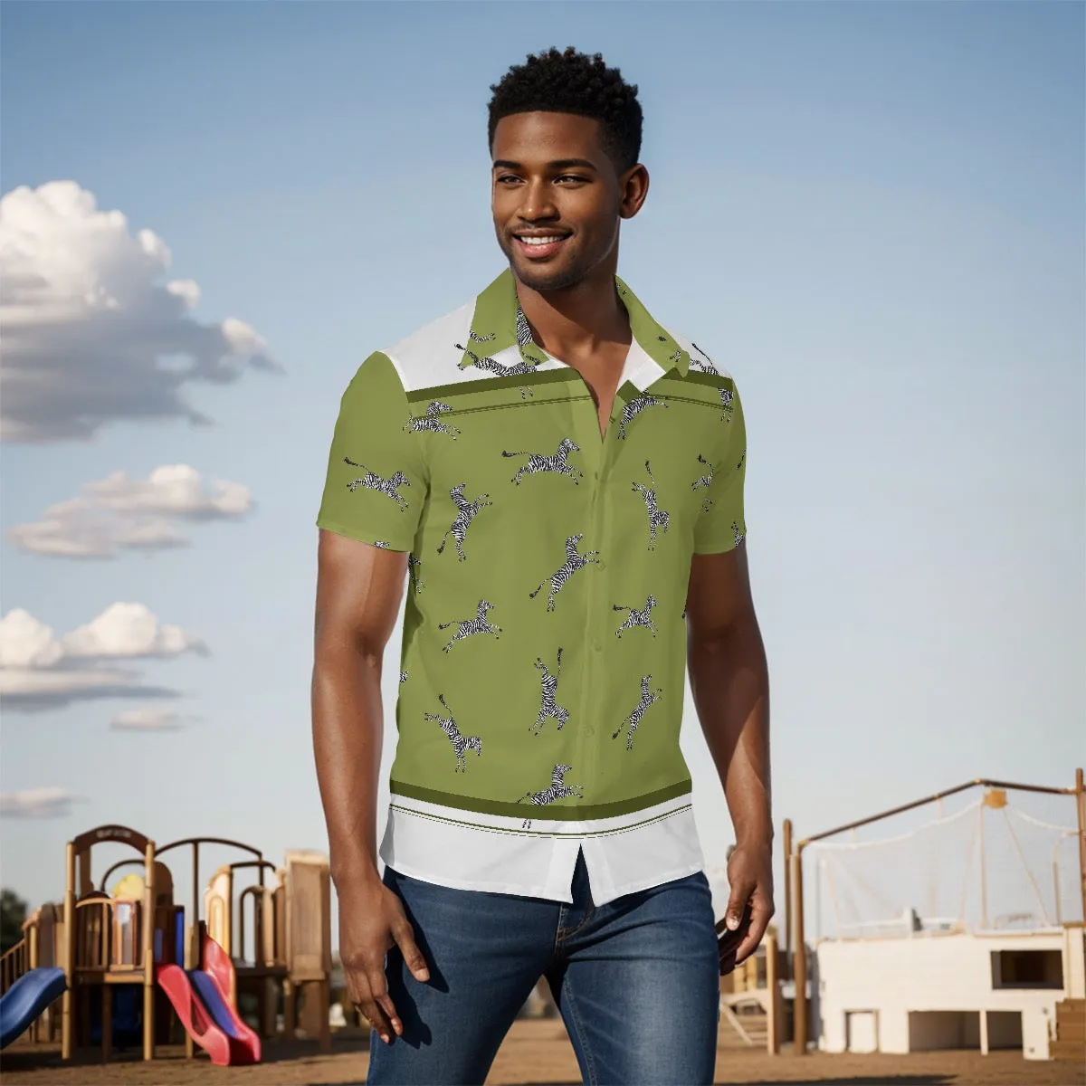 All-Over Print Men's Shirt J 62 green, and white zebra print