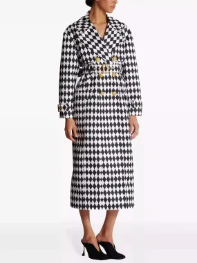 Belted Black and White Diamond Pattern Double-Breasted Trench Coat