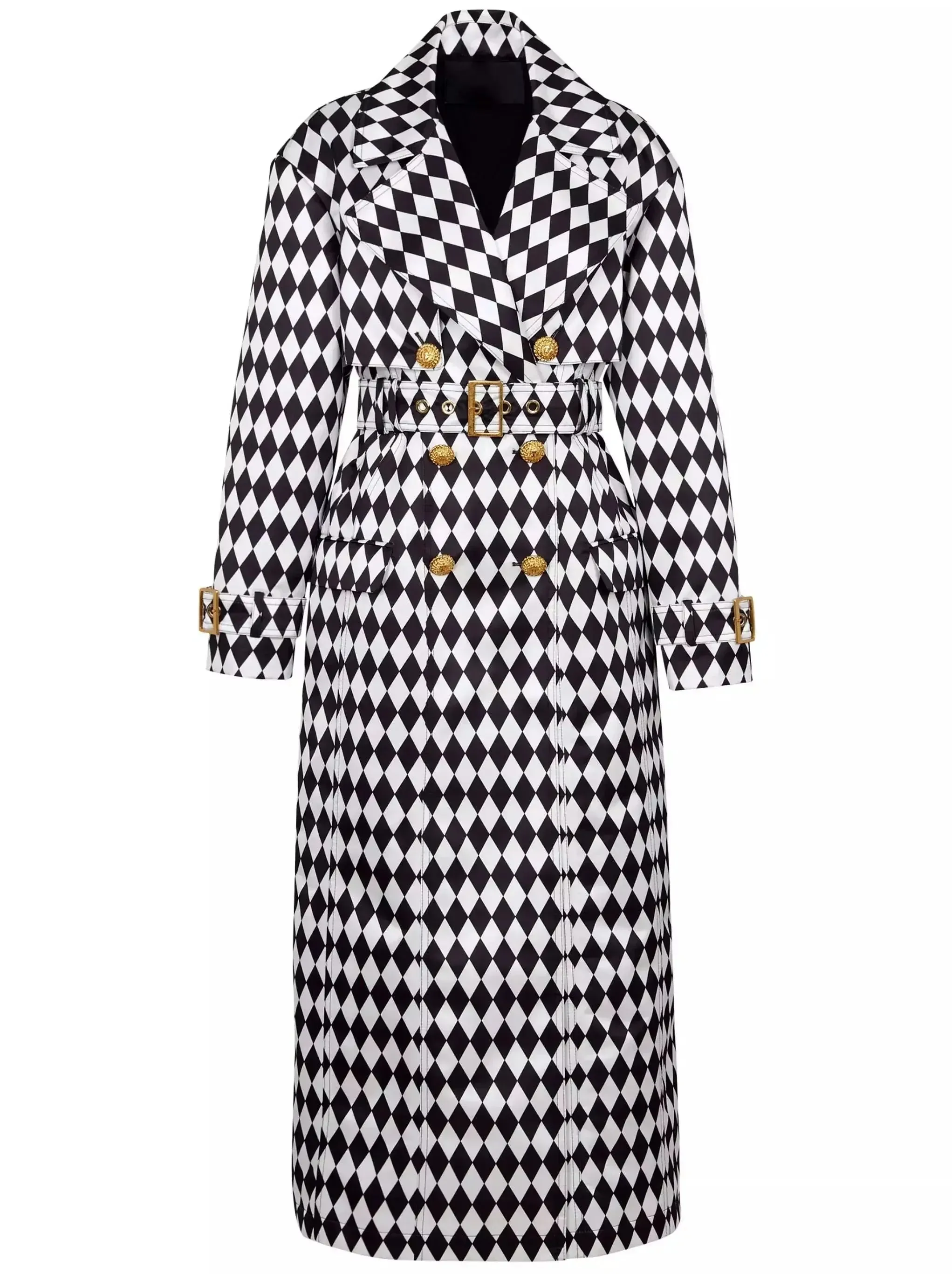 Belted Black and White Diamond Pattern Double-Breasted Trench Coat