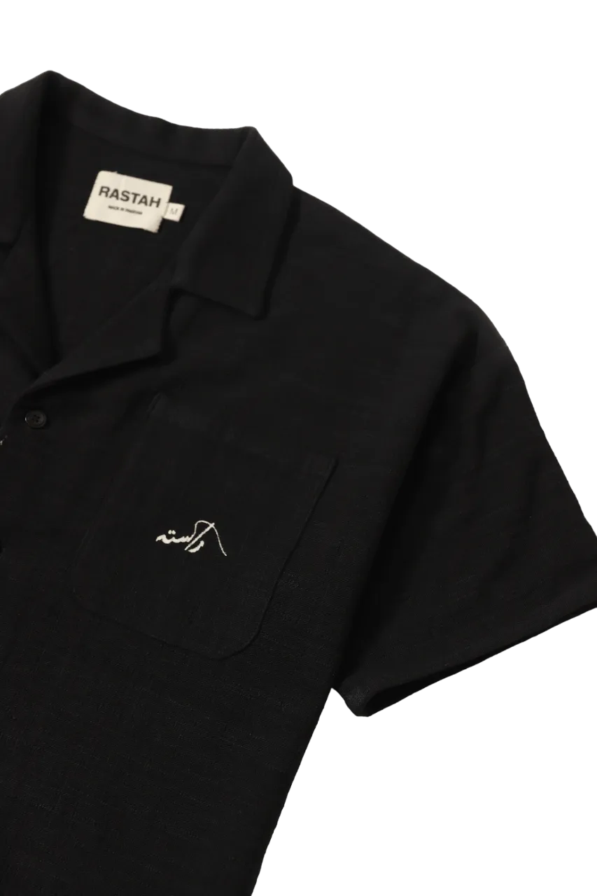 black handwoven button down