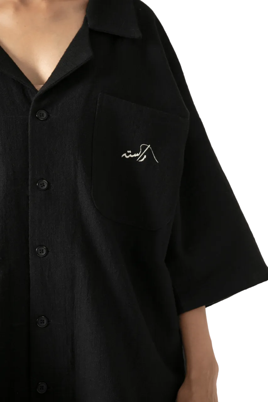 black handwoven button down