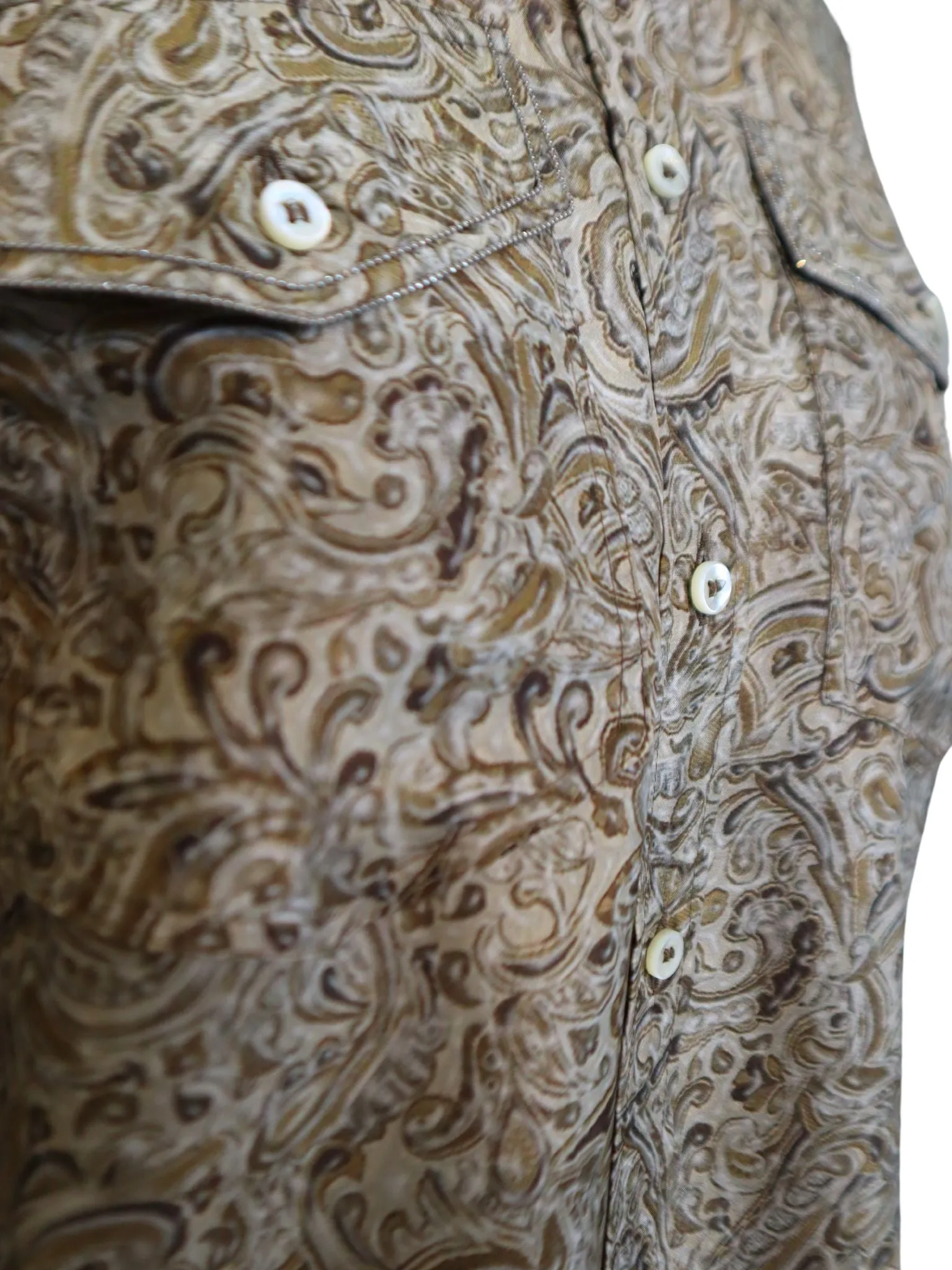 Brunello Cucinelli Brown Green Paisley Pattern Button Down Silk Shirt with Bead Embellishment Detail