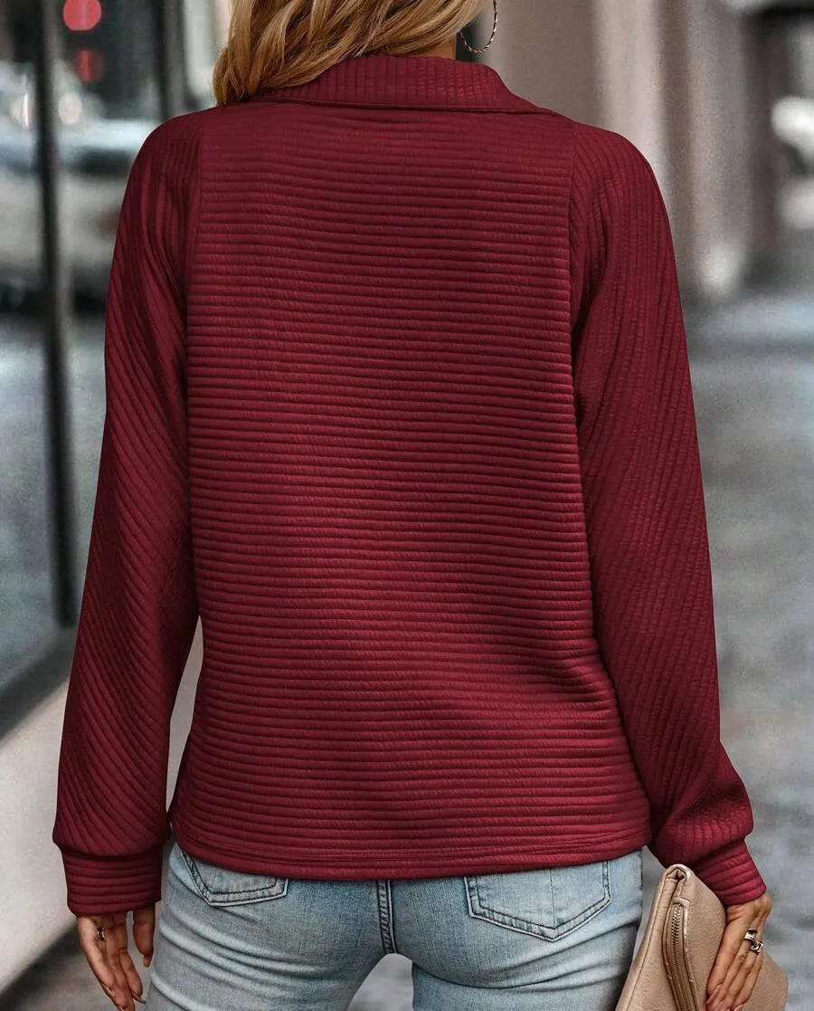 Burgundy V-Neck Long Sleeve Plain Top