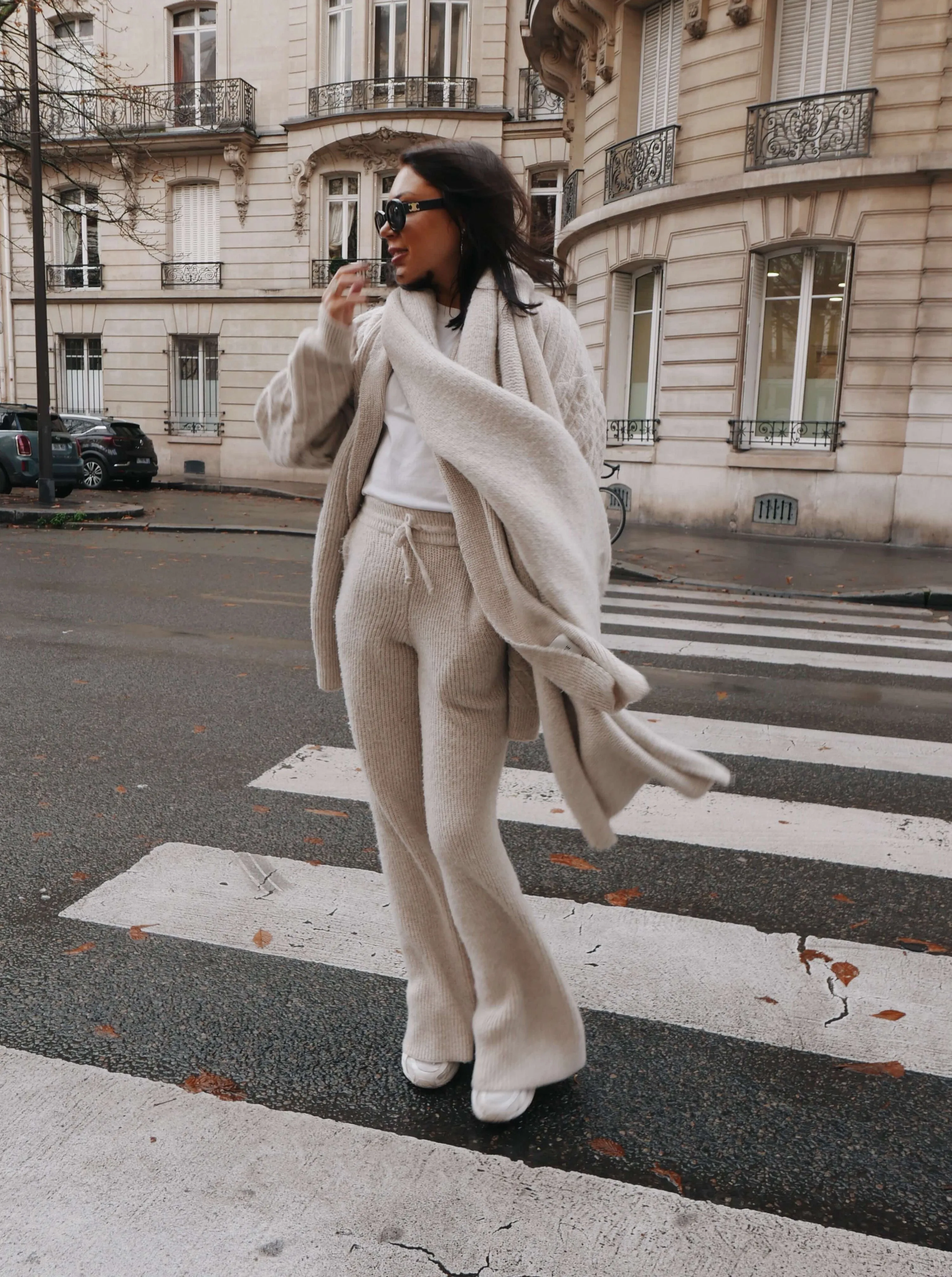 'CAMILLE' RIBBED DETAIL KNITTED WIDE LEG TROUSERS BEIGE