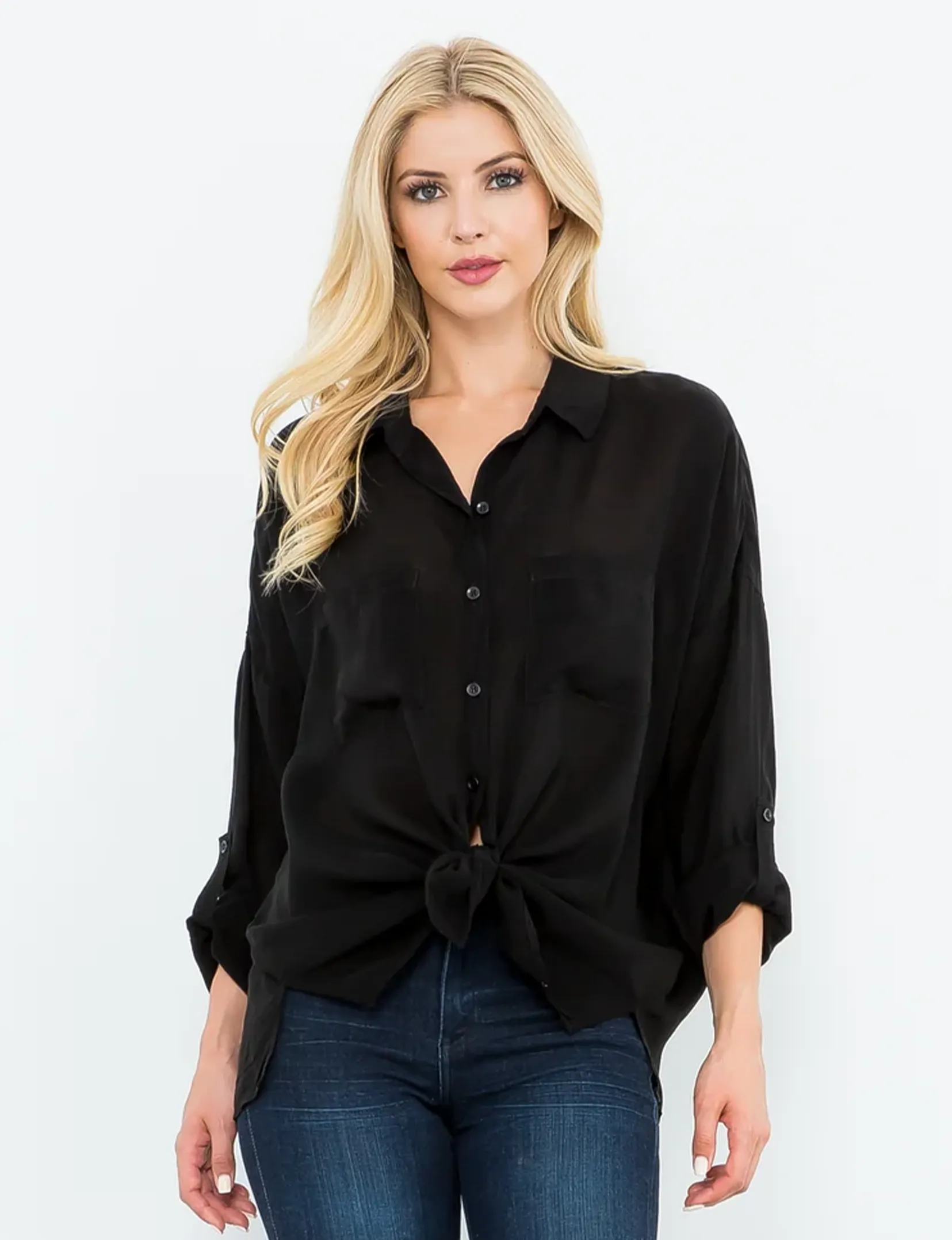 Cargo Button Down Tie Top, Black