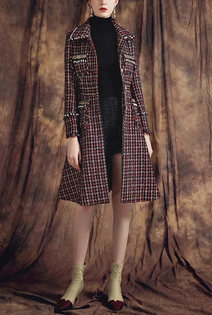 Classic Lapel Collar Tassel Tweed Long Coat