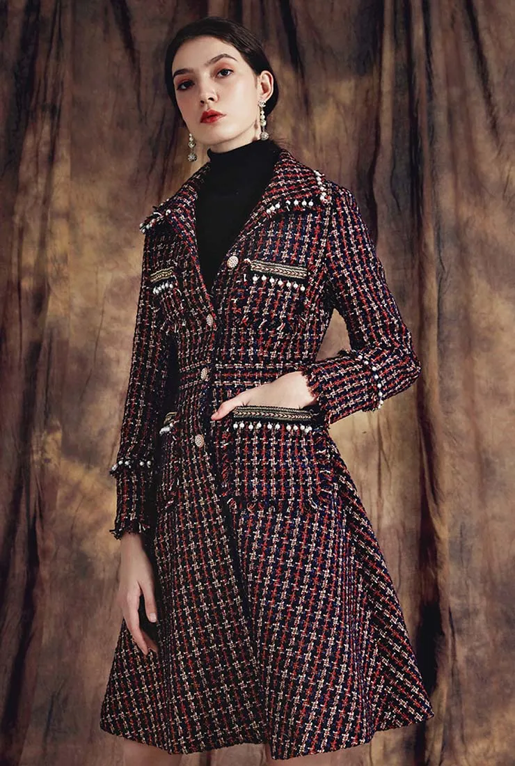 Classic Lapel Collar Tassel Tweed Long Coat