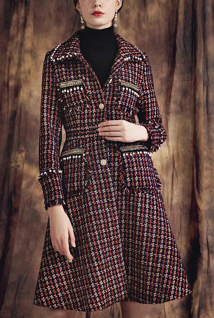 Classic Lapel Collar Tassel Tweed Long Coat