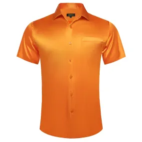 DiBanGu Button Shirt Summer Carrot Orange Solid Silk Men's Short Sleeve Shirt Top