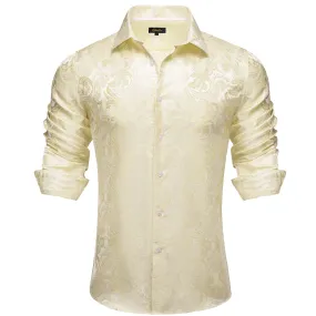 DiBanGu Dress Shirt Eggshell Yellow Paisley Button Down Long Sleeve Shirt for Men