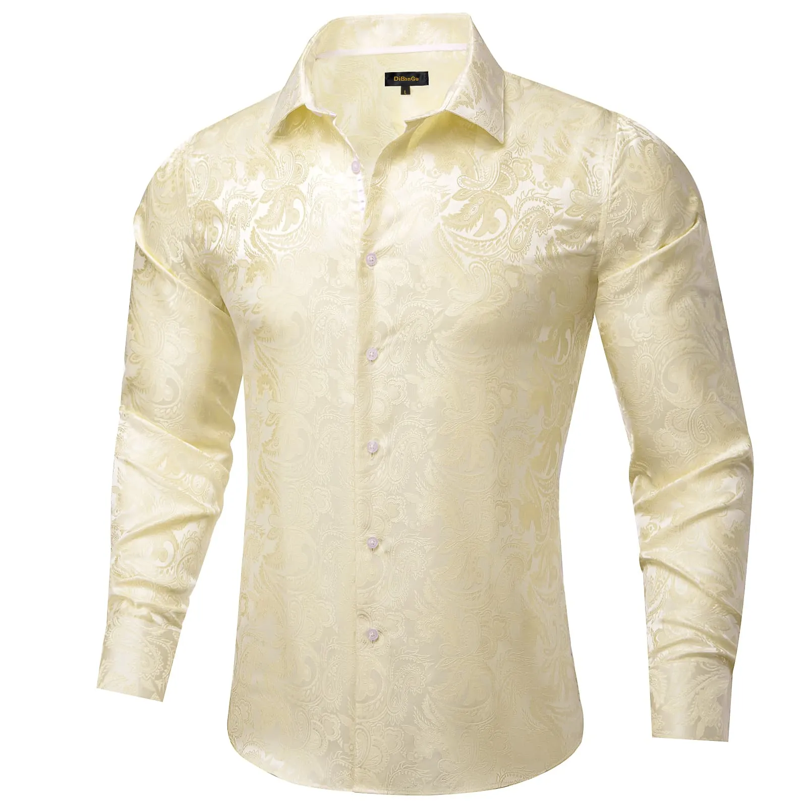 DiBanGu Dress Shirt Eggshell Yellow Paisley Button Down Long Sleeve Shirt for Men