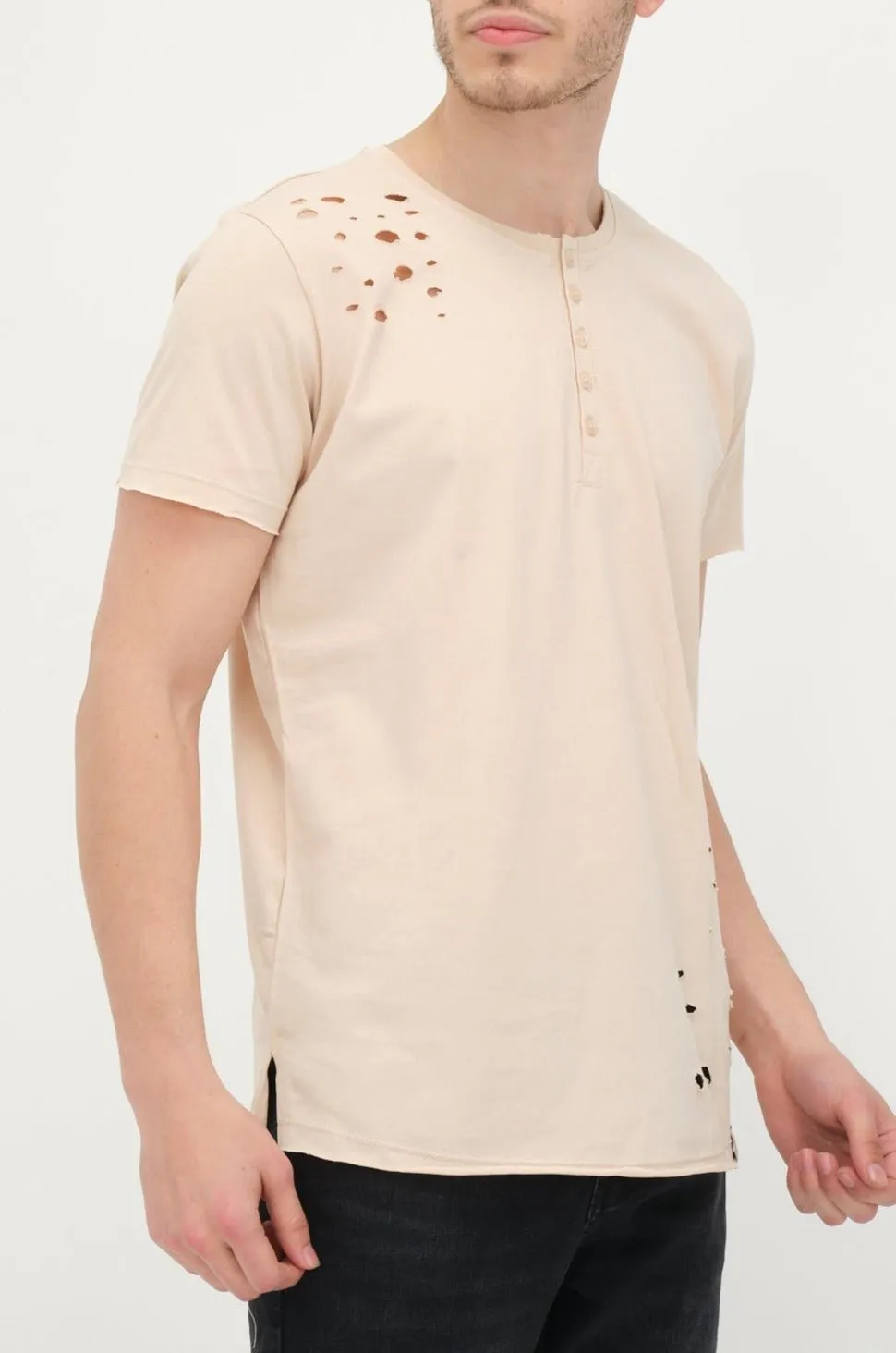 Distressed Button Down T-Shirt - Stone