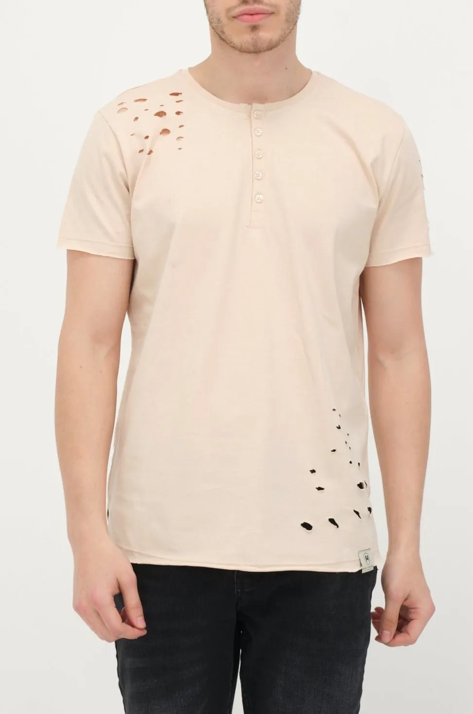 Distressed Button Down T-Shirt - Stone