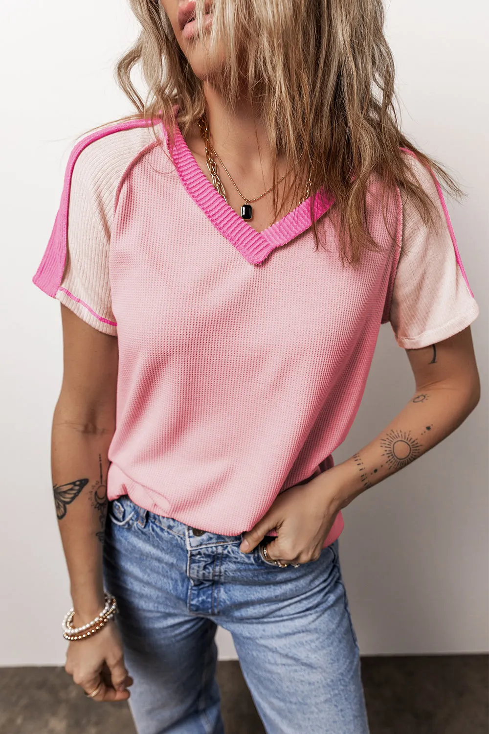 Exposed Knitted V Neck T-shirt