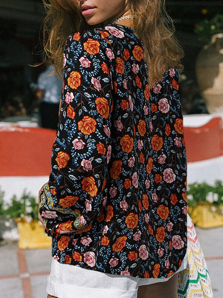 Floral Print Tie V-neck Long Sleeve Bohemian Blouse