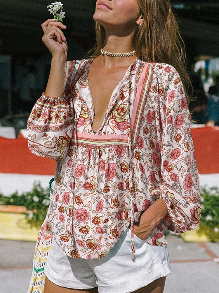 Floral Print Tie V-neck Long Sleeve Bohemian Blouse