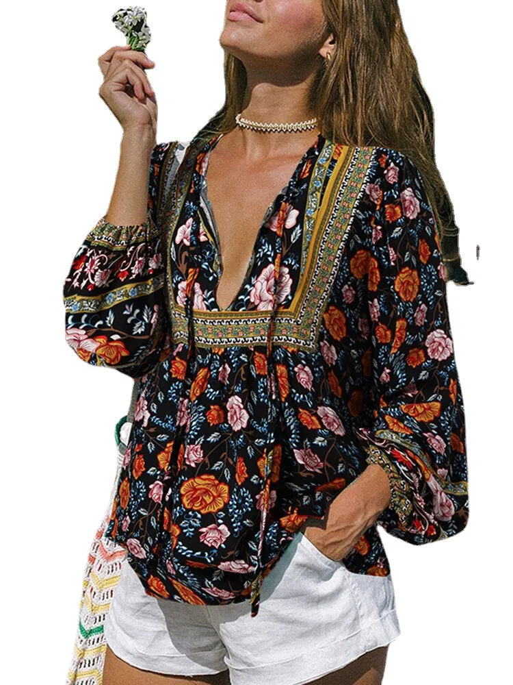 Floral Print Tie V-neck Long Sleeve Bohemian Blouse