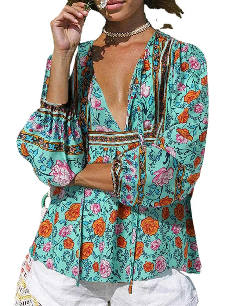 Floral Print Tie V-neck Long Sleeve Bohemian Blouse