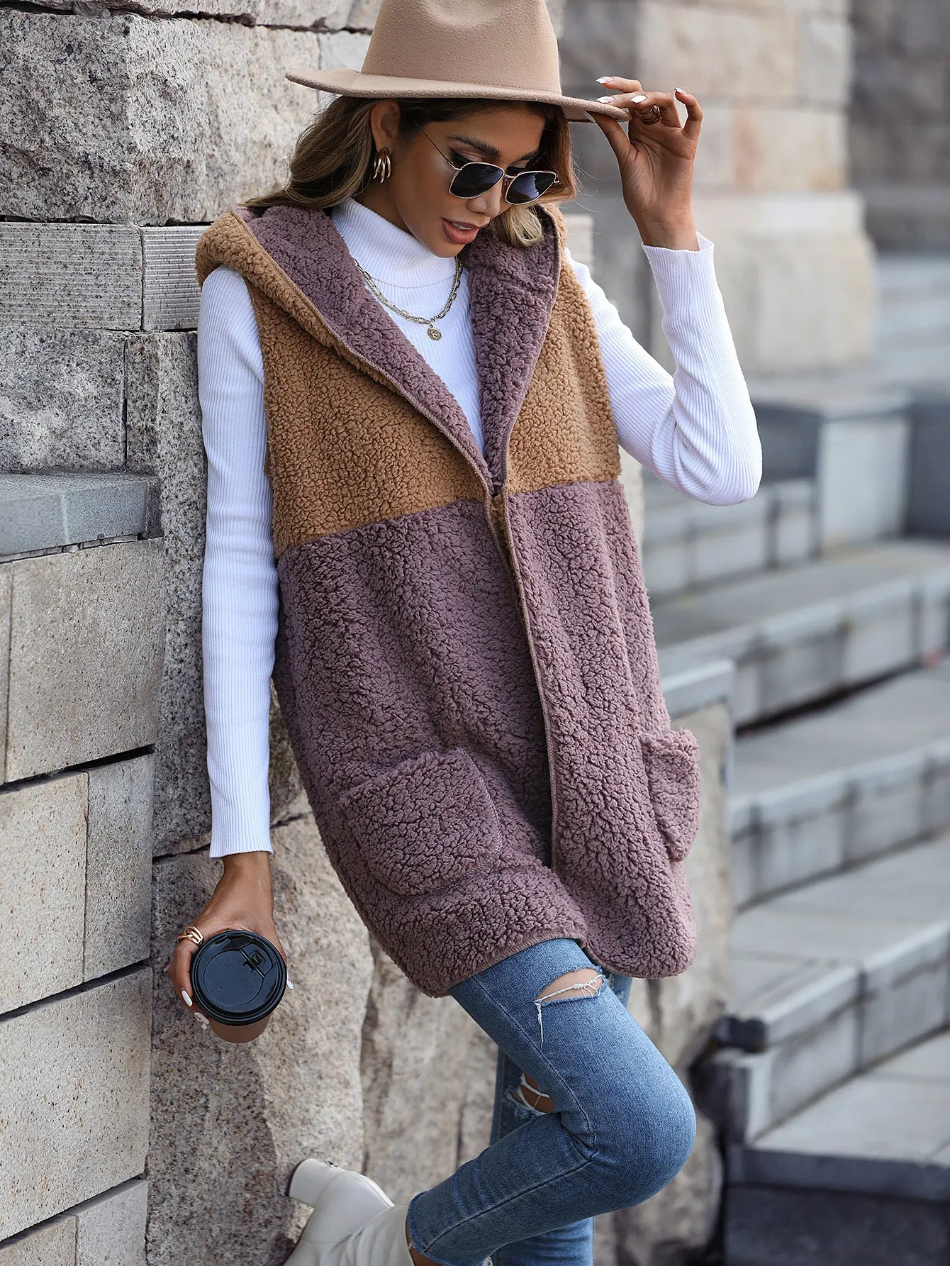 Hooded Color Matching Pocket Cardigan Top