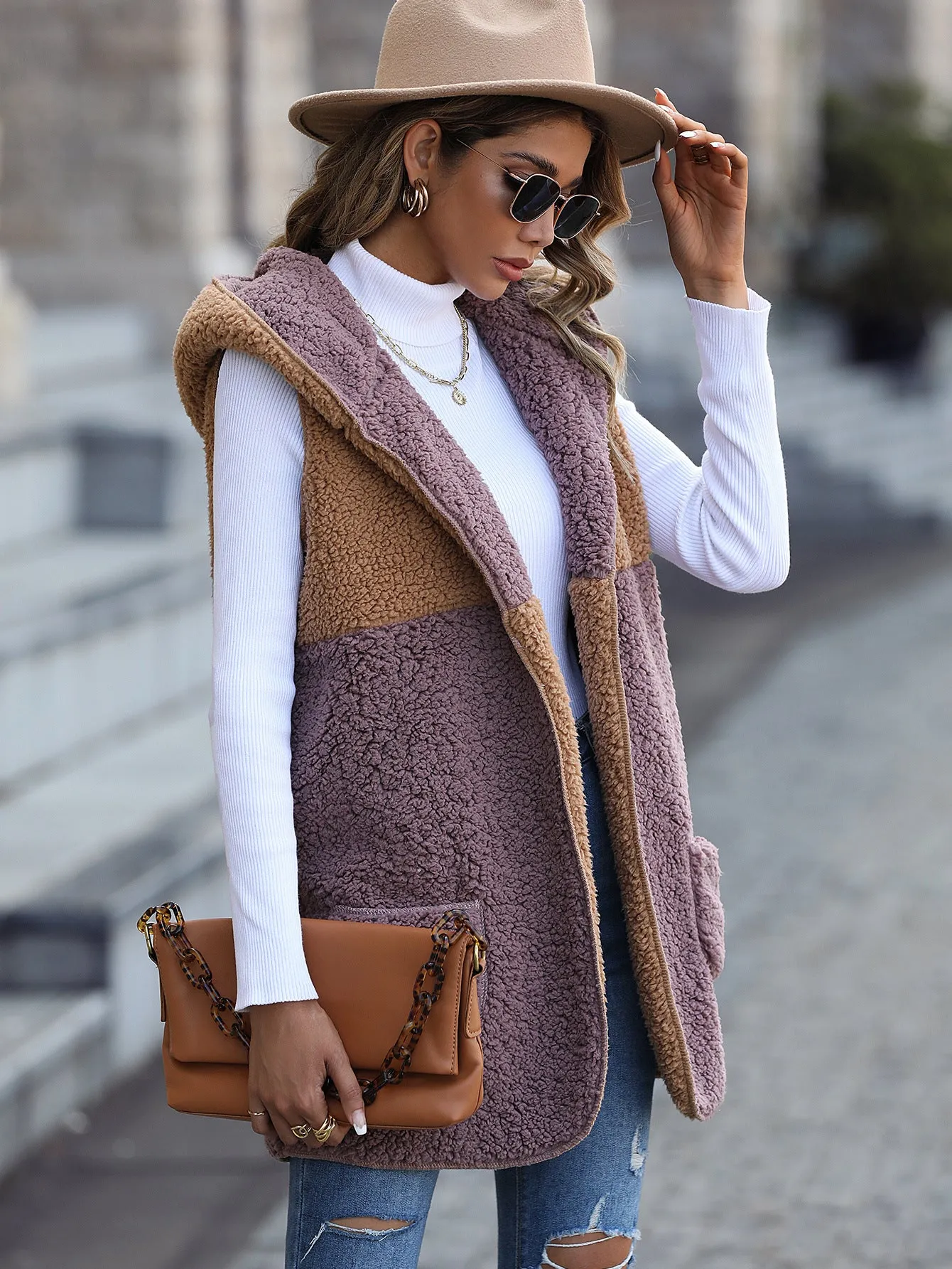 Hooded Color Matching Pocket Cardigan Top