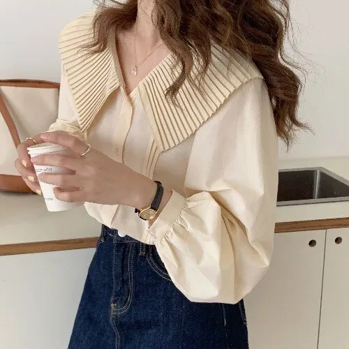 Joskaa Christmas Gift Kuzuwata Fashion Korea Style 2024 Autumn Women Shirts Pleated Peter Pan Collar Ladies Tops Age Reduction Lantern Sleeve Shirt