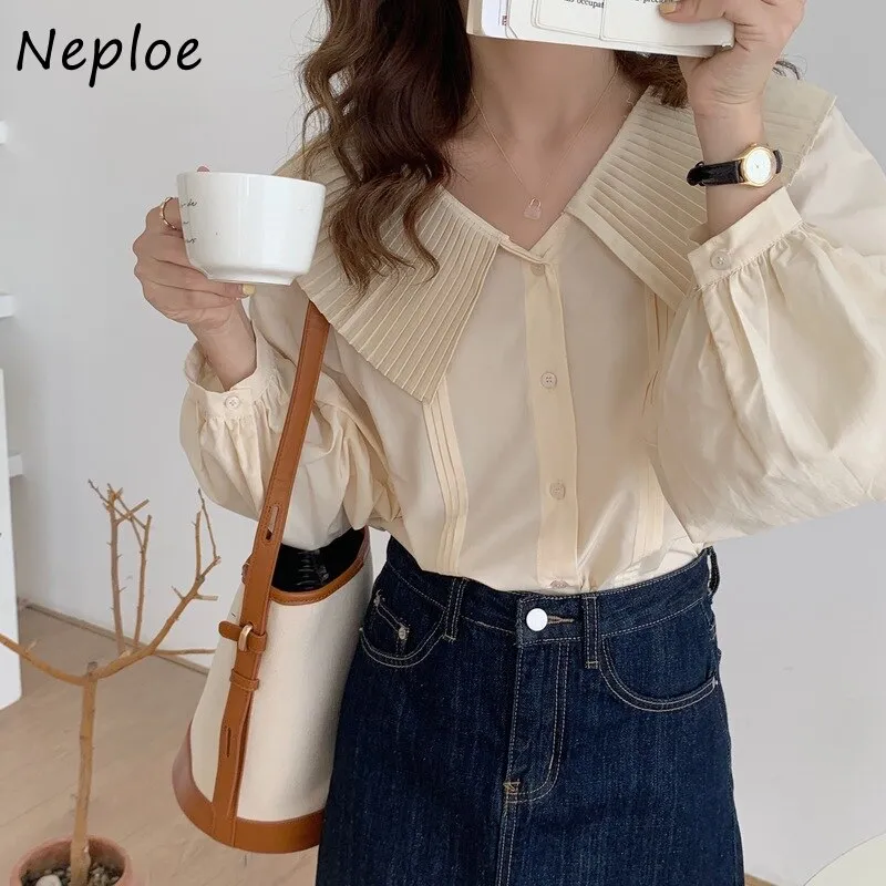 Joskaa Christmas Gift Kuzuwata Fashion Korea Style 2024 Autumn Women Shirts Pleated Peter Pan Collar Ladies Tops Age Reduction Lantern Sleeve Shirt