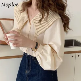 Joskaa Christmas Gift Kuzuwata Fashion Korea Style 2024 Autumn Women Shirts Pleated Peter Pan Collar Ladies Tops Age Reduction Lantern Sleeve Shirt