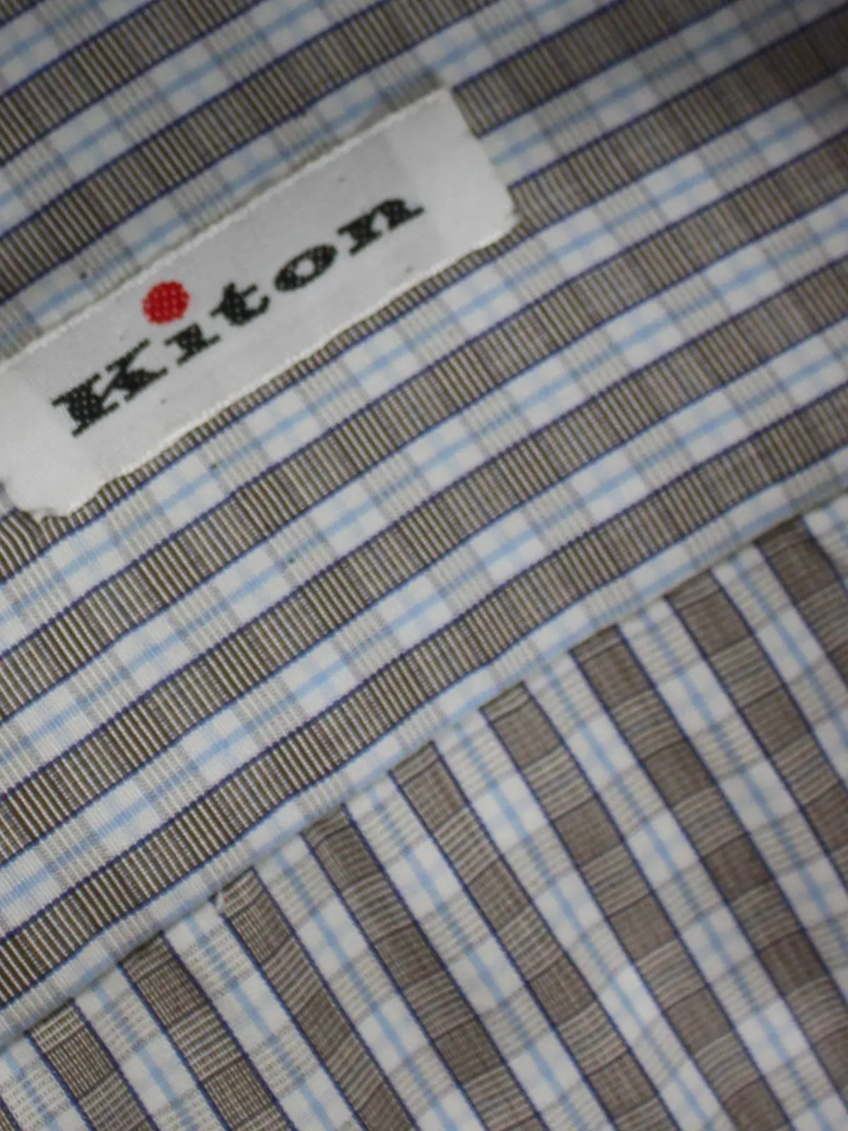 Kiton Dress Shirt White Brown Blue Check Spread Collar 40 - 15 3/4 SALE