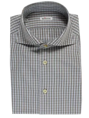 Kiton Dress Shirt White Brown Blue Check Spread Collar 40 - 15 3/4 SALE