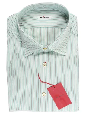 Kiton Dress Shirt White Green Aqua Stripes 44 - 17 1/2 REDUCED - SALE