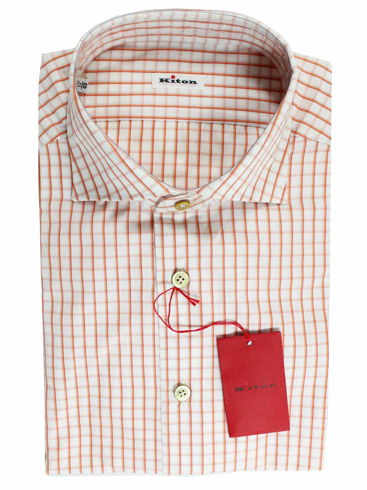 Kiton Dress Shirt White Orange Graph Check Spread Collar 44 - 17 1/2   REDUCED - SALE