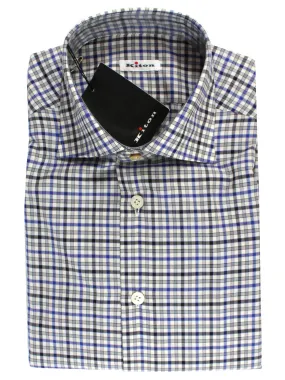 Kiton Dress Shirt White Royal Blue Black Check 39 - 15 1/2