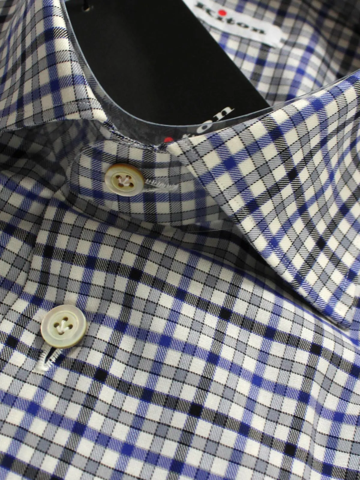 Kiton Dress Shirt White Royal Blue Black Check 39 - 15 1/2