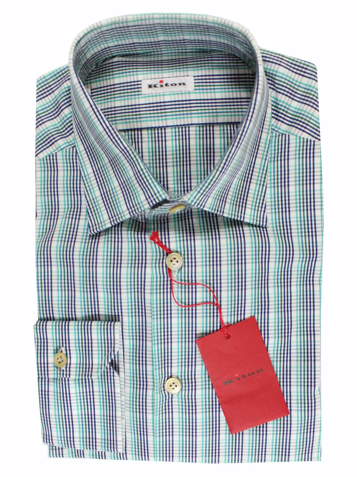 Kiton Shirt White Turquoise Navy Check Long Sleeve 39 - 15 1/2 BLACK FRIDAY SALE