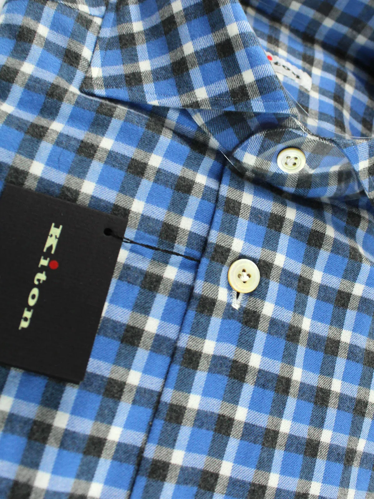 Kiton Sport Shirt Blue Check 39 - 15 1/2 BLACK FRIDAY SALE