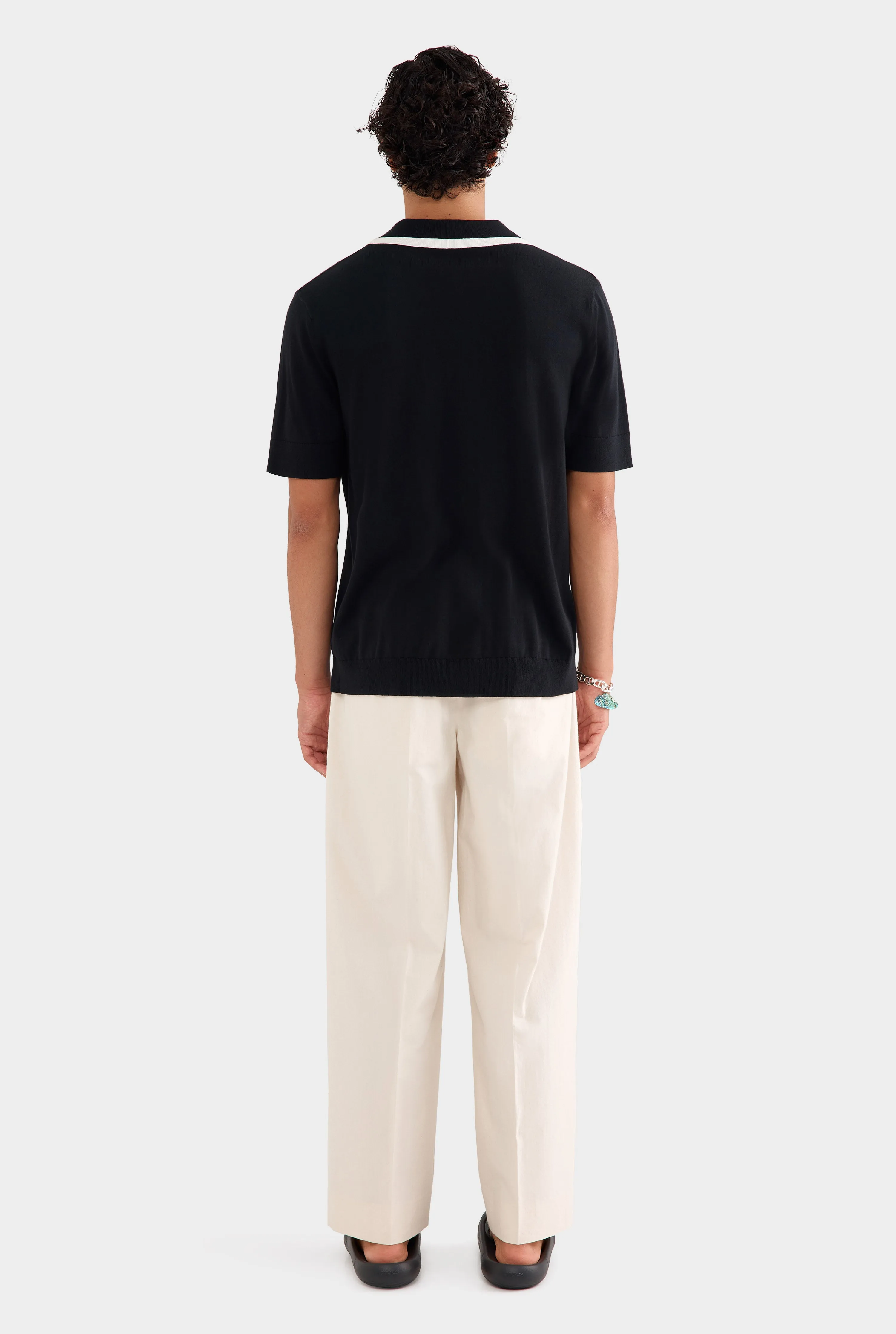 Knitted Cotton Open Neck Polo - Black/Off White