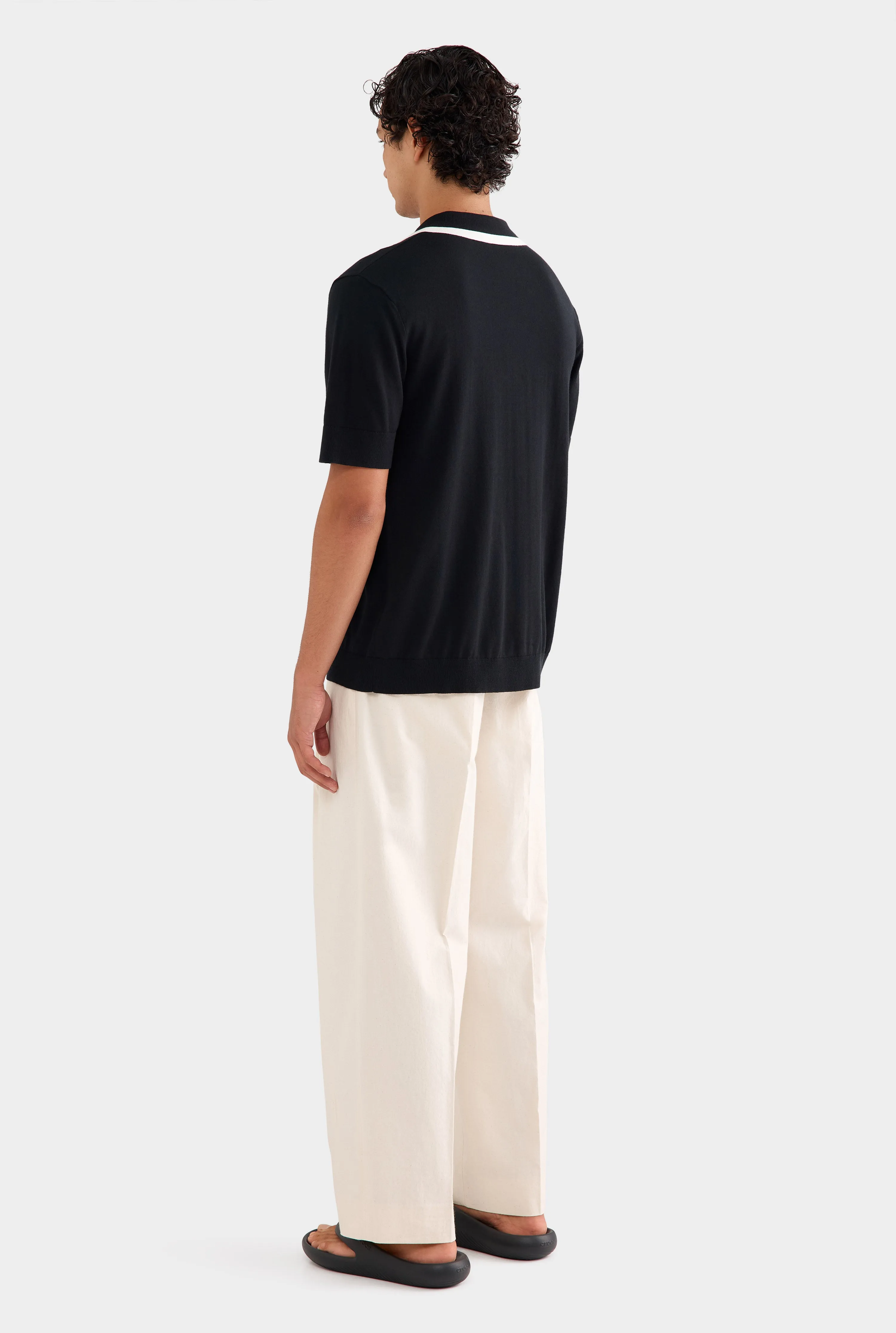 Knitted Cotton Open Neck Polo - Black/Off White