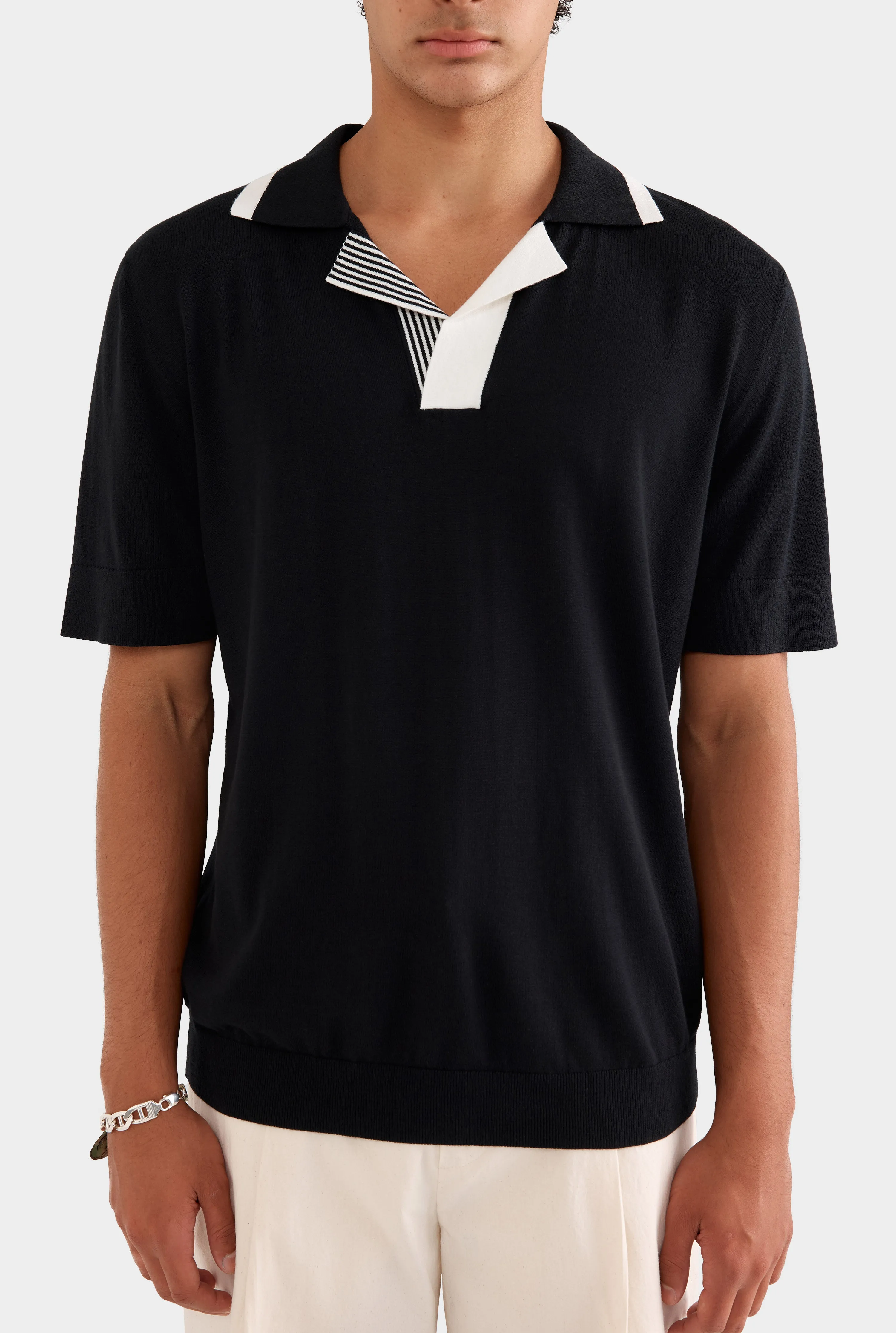 Knitted Cotton Open Neck Polo - Black/Off White