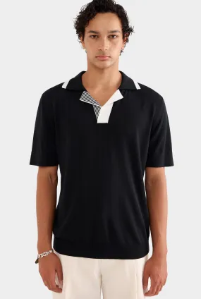 Knitted Cotton Open Neck Polo - Black/Off White