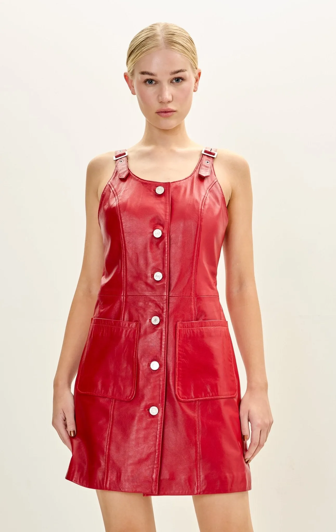 Lambskin Leather Button Front Mini Tank Dress - Red