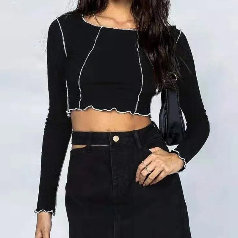 Long Sleeve O Neck Cropped Top