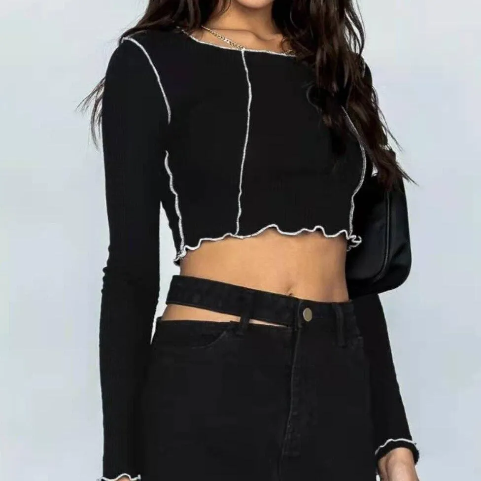 Long Sleeve O Neck Cropped Top