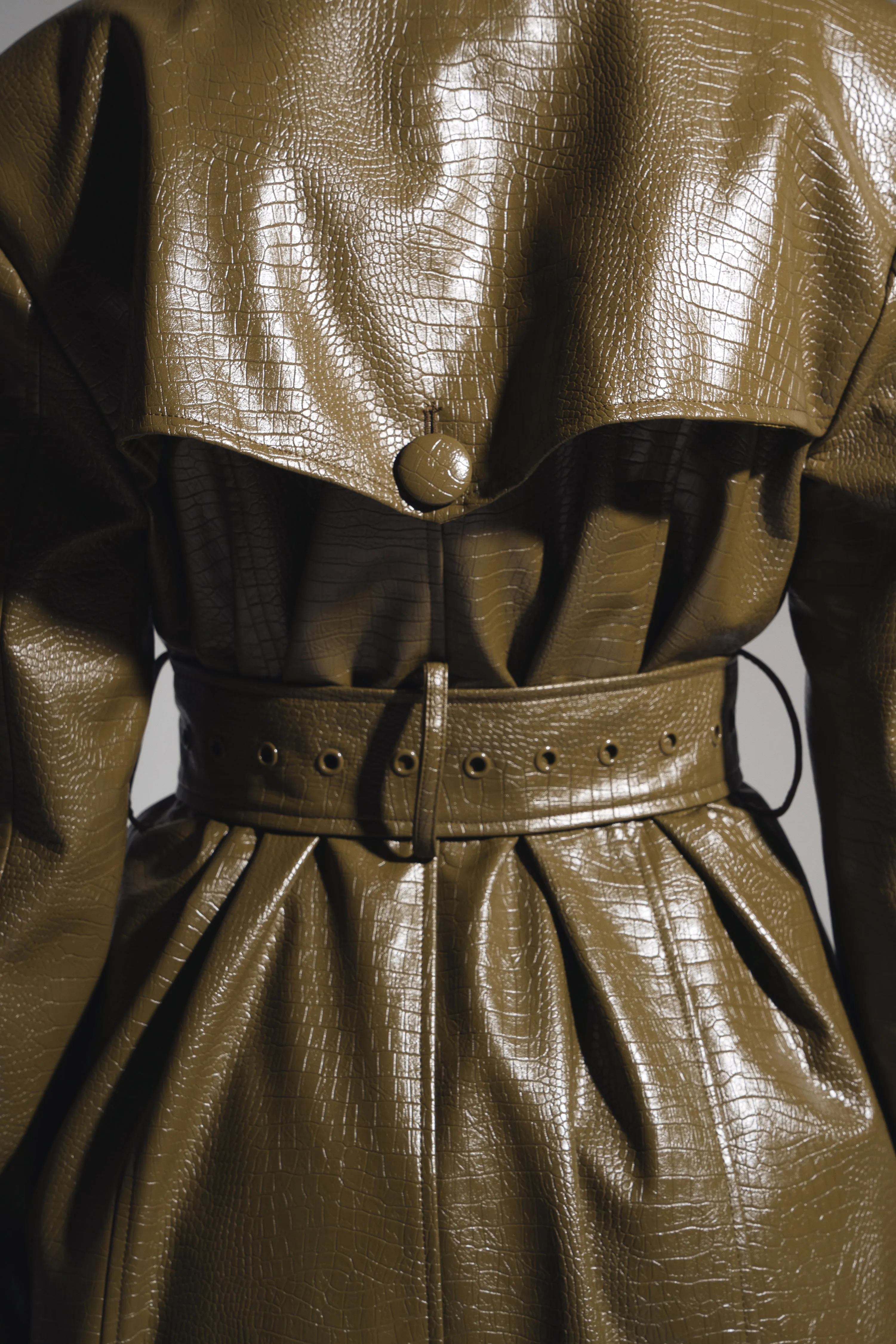 ONO Faux Leather Trench jacket in Olive