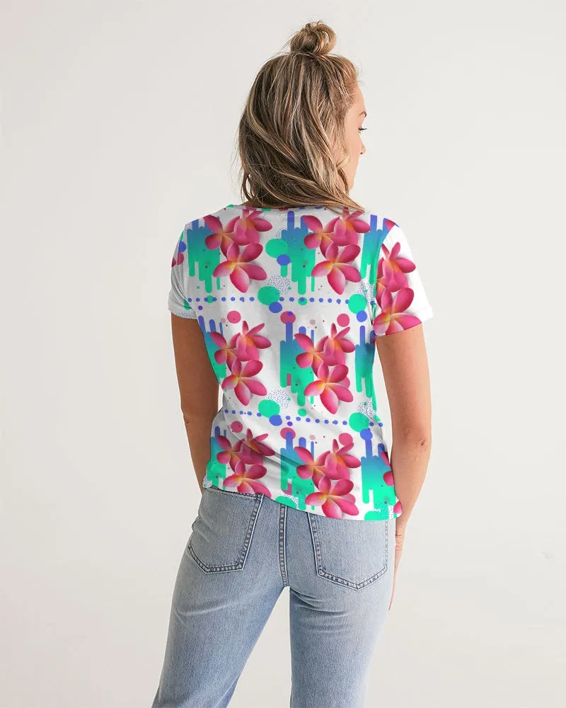 Pink Plumeria Floral V-Neck Women's Tee